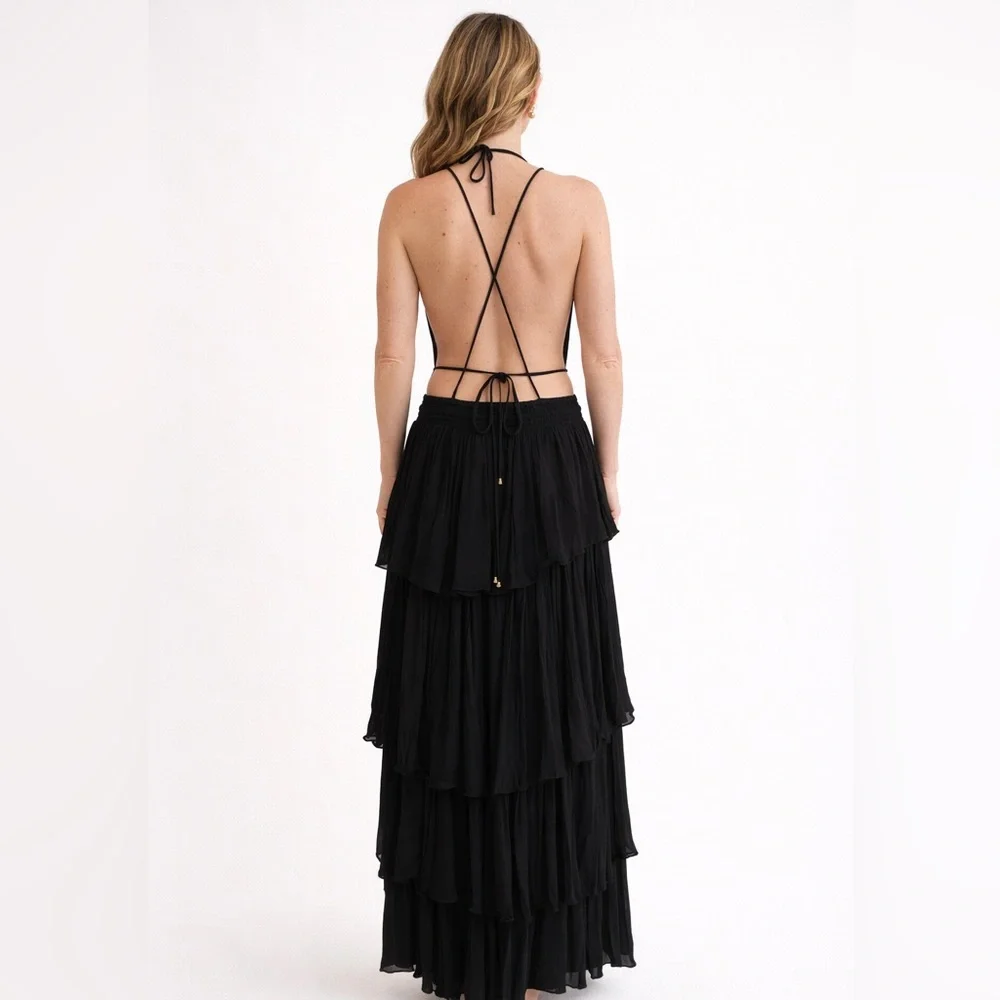 Free People Black Boho Maxi Dress Smocked Waist Short Sleeve Size S - Picture 2 of 8